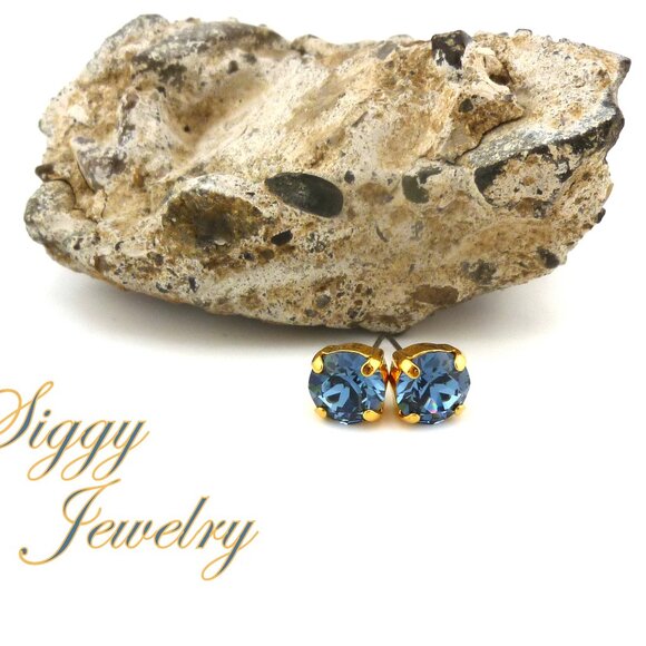 Austrian Crystal Earrings, 8mm Denim Blue, Round Solitaire Studs or Drops - Picture 4 of 7